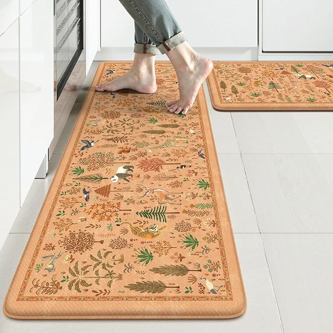 KIMODE Kitchen Floor Mats for Floor Cushioned Anti Fatigue Animal Forest Kitchen Rugs Sets of 2,Padded Memory Foam Under Kitchen Sink Mat for Laundry Decor,Orange Light Brown