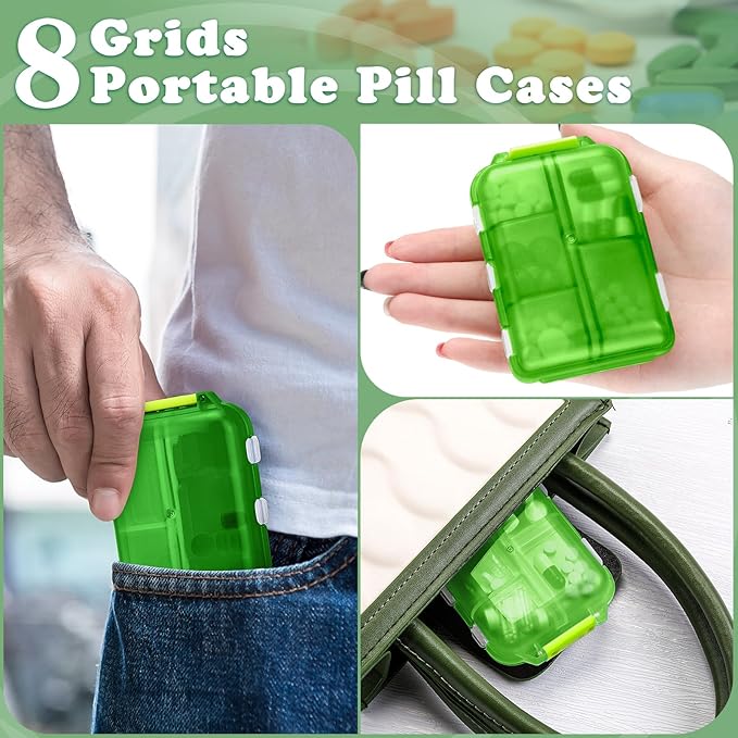 Meekoo 8 Pcs Travel Pill Organizer Pocket Portable Pill Case Daily Container Small Container Medicine Travel with 10 Compartments for Purse Fish Oil Medicine(Green)