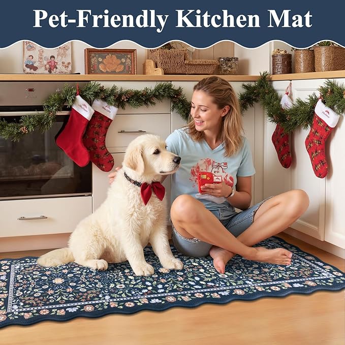 Yamaziot Anti Fatigue Kitchen Rugs Set of 3 - Boho Non Slip Waterproof Kitchen Mats for Floor, Boho Runner Rug for Kitchen Floor, Laundry, Desk, Bar, Office, 17.3"x29"+17.3"x35"+17.3"x47", Blue