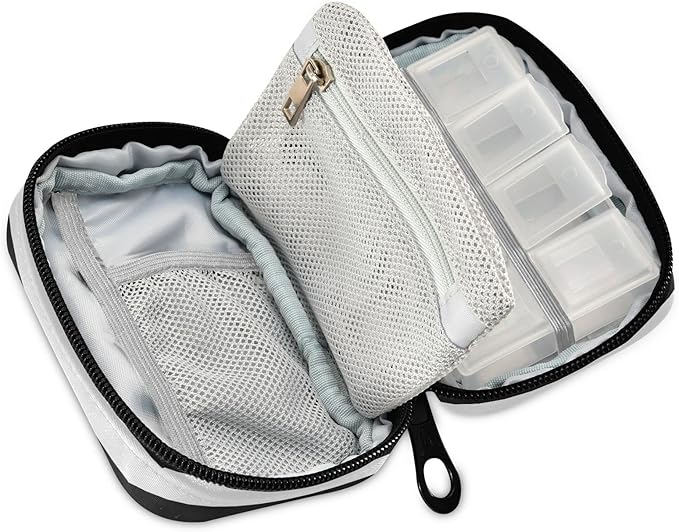 Pfrewn Pill Organizer Case Black and White Striped Travel Pill Box with Zipper 7 Day Portable Small Weekly Vitamin Medicine Supplement Holder Pouch Bag for Women Men