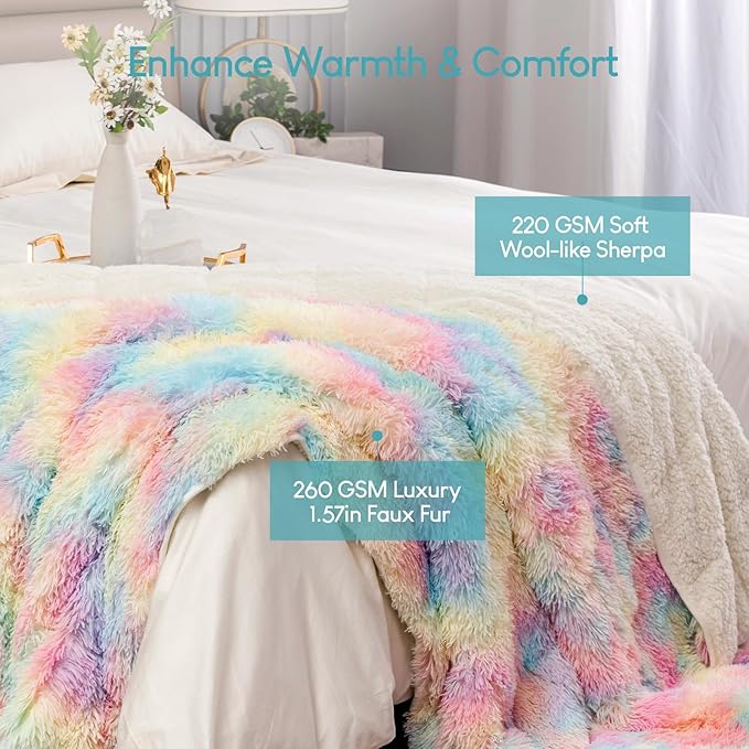 Cottonblue Faux Fur Weighted Blanket 15 lbs for Adult 48x72 Inches, Plush Shaggy Fluffy Throw Blanket Twin Size, Cozy Warm Furry Weighted Blanket for Couch Sofa Chair Home Decor, Rainbow