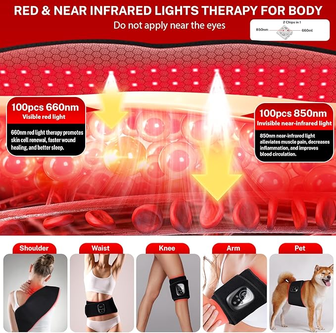 Red Light Therapy Belt for Body - Cordless 660nm&850nm Infrared Light Therapy Device with Vibration Pulse Timer, Heating Pad Wrap for Back Shoulder Waist Muscle Pain Relief at Home Office Travel