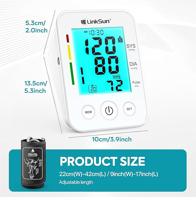 Blood Pressure Monitor for Home Use with Large Upper Arm Cuff, Blood Pressure Machine with 100 Memory Recalls for 2 Users, Large LCD Screen, Charging Cable - 2008