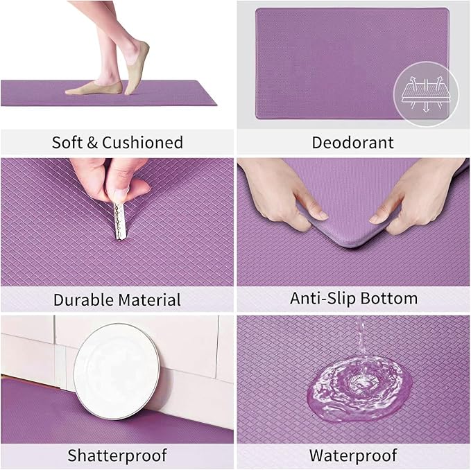 AUTODECO Kitchen Mats and Rugs Set of 2 - Cushioned Anti-Fatigue Kitchen Rug for Floor Washable 17"x29" +17"x59", Lightpurple