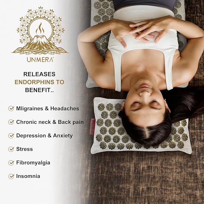UNMERA Acupressure Mat and Pillow Set/Flower Spikes-Volcanic Stone Heating Back/Neck Pain Relief,Spa-Like Relaxation, Premium Linen & Coconut Fiber Filling, Includes Bag