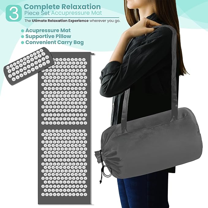 Sivan Health and Fitness Acupressure Mat and Pillow Set - Grounding Mat for Stress, Back & Neck Pain - Acupuncture Point Massage Mat for Muscle Relaxation, Sciatica, & Meditation - Includes Carry Bag