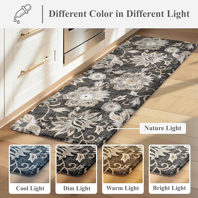 LEEVAN Anti Fatigue Mats for Kitchen Floor 2 Piece,Cushioned Memory Foam Black Kitchen Mats for Floor,Comfort Floral Boho Non Slip Kitchen Floor Mat for Sink,Laundry,Office(17''x29''+17''x47'')