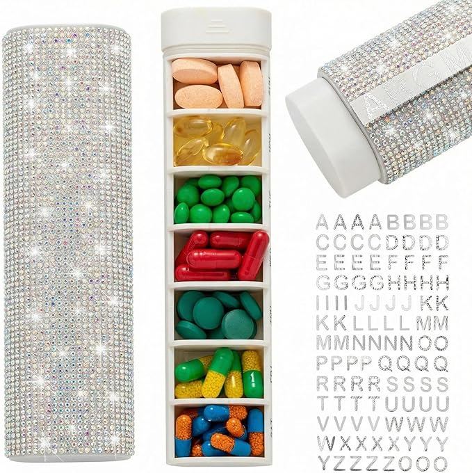 Pill Case for Purse Bling 7-Day Pill Organizer Weekly Compact Medicine Containers Travel Medication Box Holder for Traveling Women(Colorful)