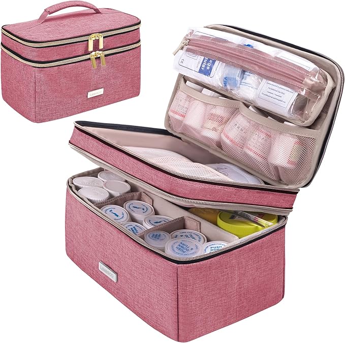 Medicine Storage Bag Pill Bottle Organizer with Portable Small Pouch Travel Medication Bottle Organizer for Emergency Home First Aid Box Kit (Red)