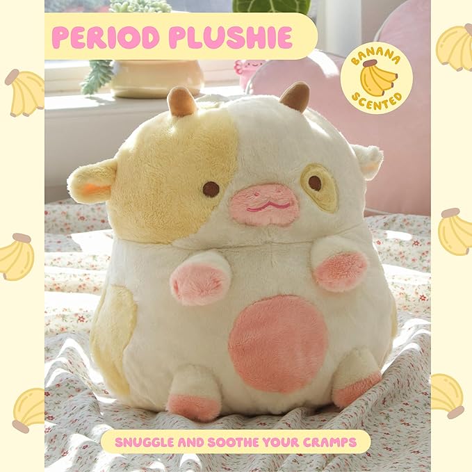 Heatable Scented Cow Plush for Period Cramp Relief & Emotional Support, Microwavable Soft Toy Plushies, Coolable Stuffed Animal for Anxiety, Cute Heating Pad for Pain Relief (Banana)