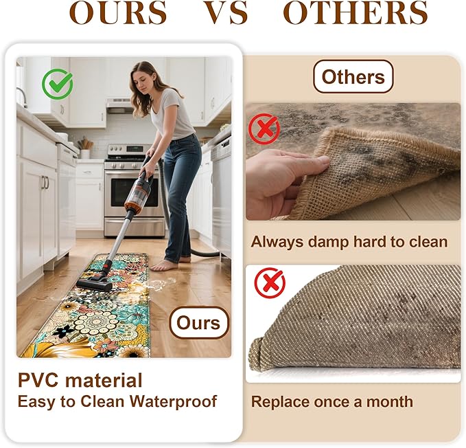 Kitchen Mats for Floor Cushioned Anti Fatigue Sets of 2 Boho Floral Kitchen Rugs Non Slip Waterproof Memory Foam Kitchen Floor Mats Padded Comfort Standing Mat Rug for Sink Laundry Office