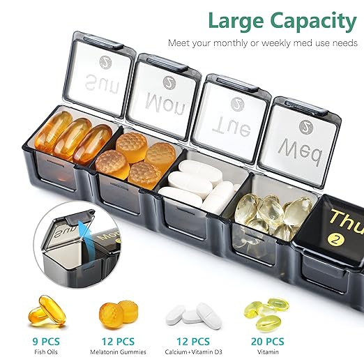 Monthly Pill Organizer 28 Day, 4 Weeks Pill Box 7 Day, XL Weekly Medicine Organizer for Vitamins, Fish Oil, Supplements(Black)