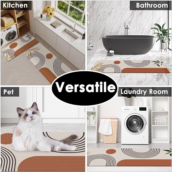 Anti-Fatigue Boho Kitchen Rug Set of 2 Cushioned Bohemian Kitchen Mats for Floor, Brown Sun Standing Mat Waterproof Non-Slip Kitchen Mats and Rugs PVC Ergonomic Foam Kitchen Decor