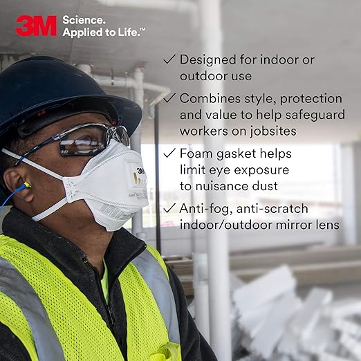 3M Safety Glasses, Virtua CCS, ANSI Z87, Anti-Fog, Indoor/Outdoor Mirrored Lens, Blue Frame, Corded Ear Plug Control System, Removable Foam Gasket (Pack of 2)