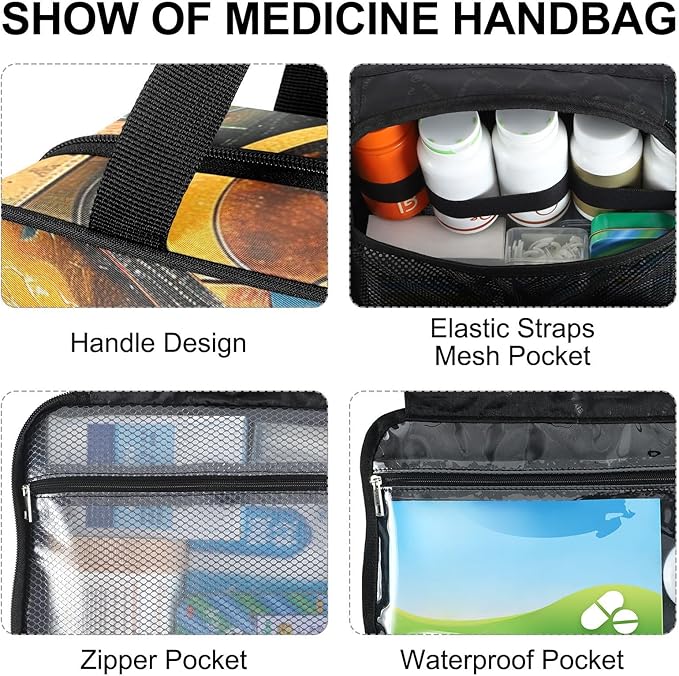 Fustylead Abstract Guitar Modern Art Pill Organizer Bag Large Medicine Travel Carrying Case with Zipper for Vitamin Supplements Fish Oil, Empty First Aid Kit for Hiking Camping