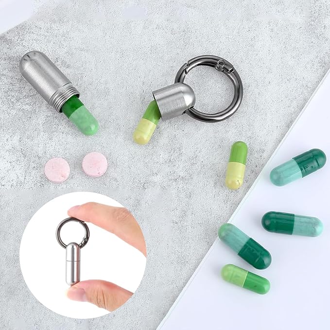1Pcs Tiny Pill Case Keychain - Portable Micro Pill Holder for Travel, Waterproof Small Pill Box Organizer for Purse/Pocket, Emergency Medicine Container (Silver)