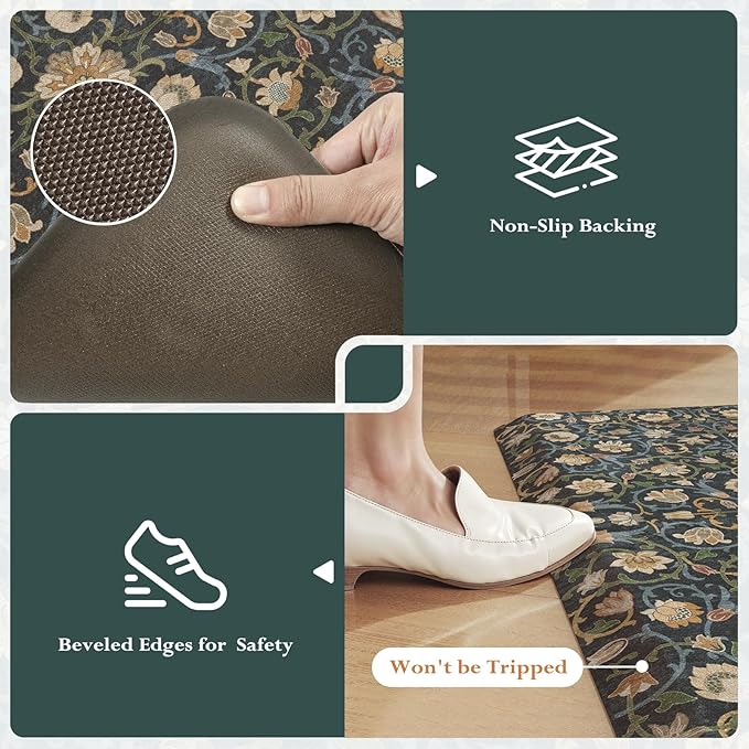 KIMODE Comfort Kitchen Mats for Floor Cushioned Anti Fatigue,Boho Vintage Floral Sink Rug Non Slip for Laundry,Extra Thick Memory Foam Ergonomic Standing Carpet for Office,Dark Green/Blue 32" x 20"