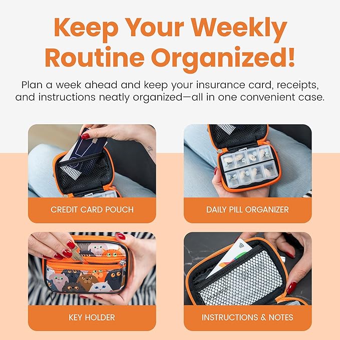 Made Easy Kit Pill Case for Everyday and Travel - 7-Day Weekly Medicine Supplement Vitamin Organizer Sorter Tracker - Neoprene Bag with Pockets - Compact Portable 8 Compartments (Orange Cat)