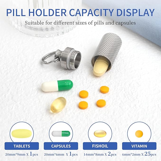 Keychain Pill Holder (2 Pack), Metal Small Pill Case, Waterproof Portable Travel Pill Box, Pill Container for Purse