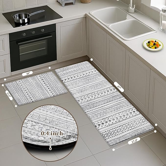 Arttown Moroccan Anti Fatigue Mats for Kitchen Floor, Boho Kitchen Mats Cushioned Anti Fatigue Rug, Waterproof Non-Slip Washable Kitchen Rugs - Grey