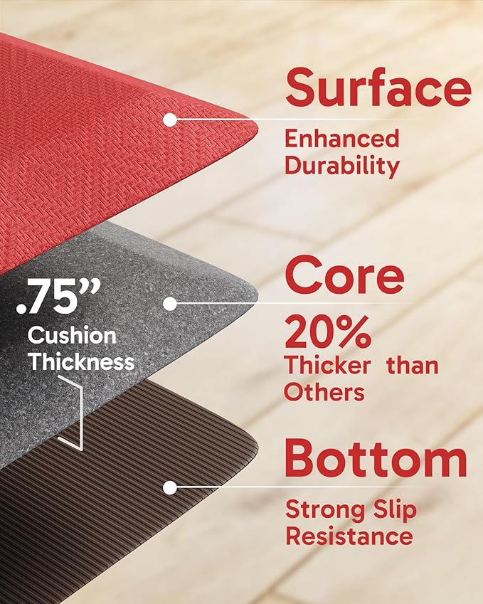 Ophanie Kitchen mats for Floor, 3/4 inch Thick, Kitchen Rugs, 20''x39'' Anti Fatigue Standing Cushioned Mat, Waterproof,Comfort Ergonomic mat for Office, Home, Sink, Red Non-Slip Bottom