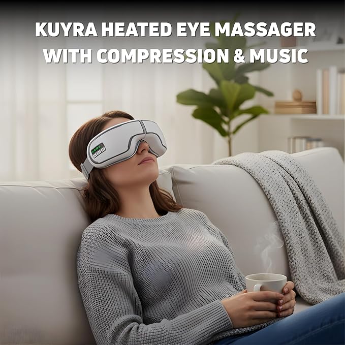 Kuyra Foldable Heated Eye Massager: Heat, Compression, Music & Adjustable Mask – Portable Eye Strain Relief, Dry Eyes Comfort, Relaxation Sleep Support, Holiday Birthday Gift Women & Men (White)