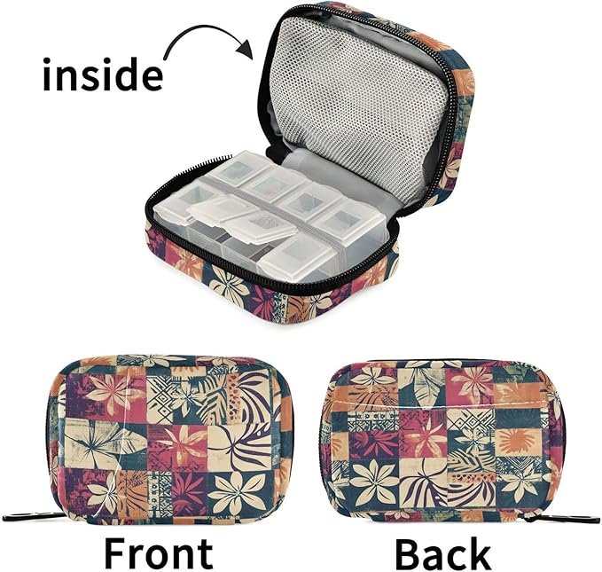 Fustylead Hawaiian Tapa Tribal Elements and Hibiscus Flowers Patch Pill Organizer for Purse, Weekly Portable Pill Box with Zipper to Storage Vitamins Fish Oils Medications Supplements