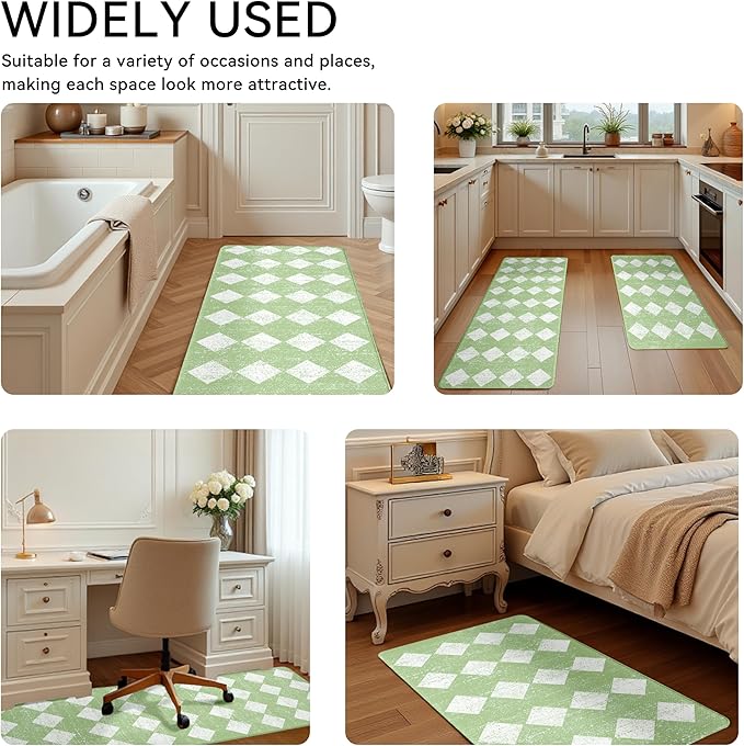 Moroccan Trellis Fresh Green Checkered Kitchen Rug Sets [2 PCs], Anti-Fatigue, Waterproof Non-Slip Kitchen Mats Heavy Duty Ergonomic Comfort Foam Rug for Floor, Home, Laundry,17"x29"+17"x47"