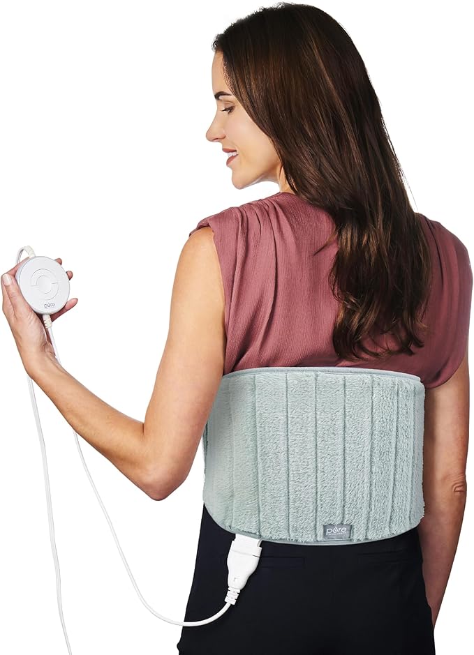 Pure Enrichment PureRadiance Lumbar & Abdominal Luxury Heating Pad for Pain Relief, Patented Design, Soft Faux Fur & Micromink, 6 Heat Settings, Adjustable, Machine Washable, 9.5”x19.7” (Aquamarine)
