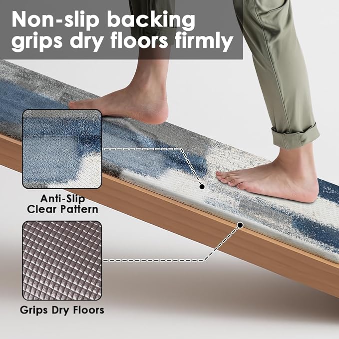Anti-Fatigue Blue Grey Kitchen Rug Set of 2 Cushioned Abstract Rug for Floor, Art Standing Mat Waterproof Non-Slip Mat PVC Ergonomic Comfort Foam Kitchen Decor