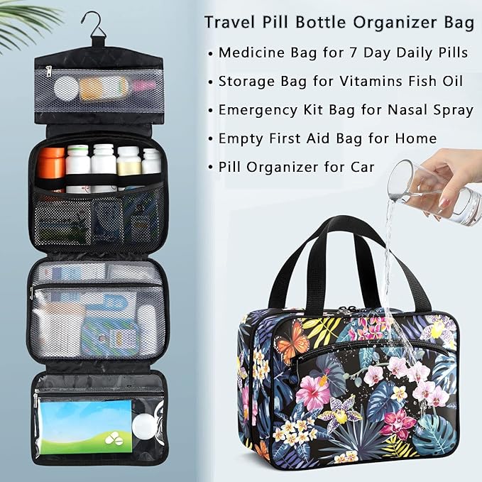 Naanle Pill Organizer Bag Travel Pill Bottle Medicine Organizer Home Storage Medication Bag for Vitamin Supplements, Hawaii Palm Leaves Flowers Empty First Aid Bag for Car Camping, 1.0 Count
