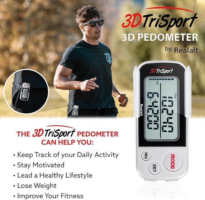 Realalt 3DTriSport 3D Walking Pedometer with Clip & Strap, Accurate Step Counter with 30-Day Memory, Distance in Miles/KM with Large Display Perfect for Seniors & Beginners, eBook Included