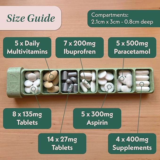 Pillar - 7 Day Pill Box Organizer | BPA-Free Wheat Straw Pill Organizer | Beautiful Tablet Organiser for Travel and Home (Sage Green)