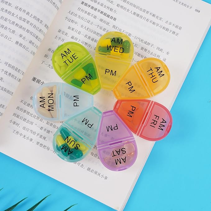 Cute 7 Day AM PM Pill Organizer, Twice a Day Weekly Pill Box with 7 Color Coded Compartments, Flower Shape Portable Travel Pill Case for Vitamins, Supplements and Medications (Multicolor, Small)