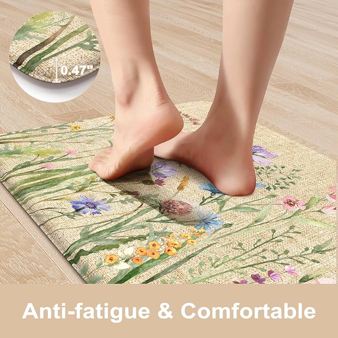 KIMODE Anti Fatigue Kitchen Mats for Floor, Farmhouse Brown Kitchen Rugs Sets of 2, Summer Cushioned Kitchen Floor Mats, Comfort Standing Mats for Sink Laundry Office Desk 20"x59"+20"x32"