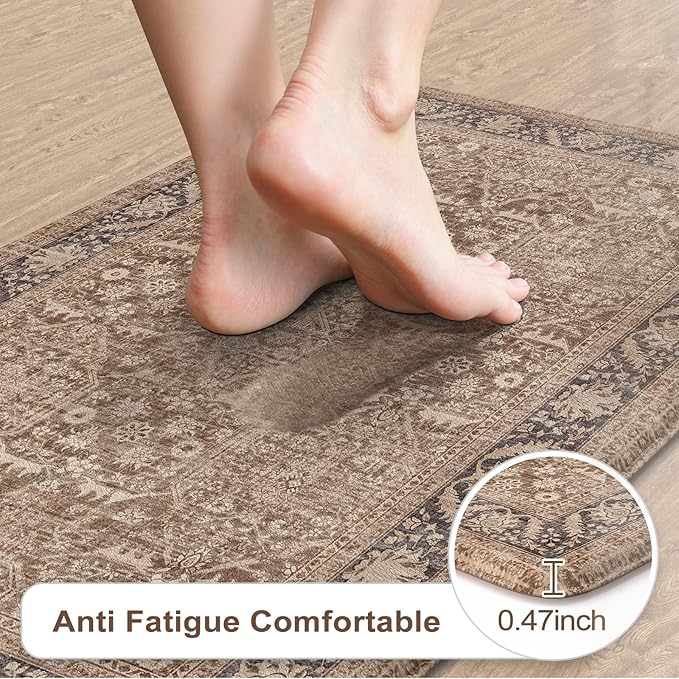 KIMODE Anti Fatigue Kitchen Mat 20"x59"+20"x32", Boho Distressed Kitchen Rugs Sets of 2, Kitchen Mats for Floor Cushioned Non Slip, Comfort Kitchen Floor Mats for Sink, Laundry, Desk Brown