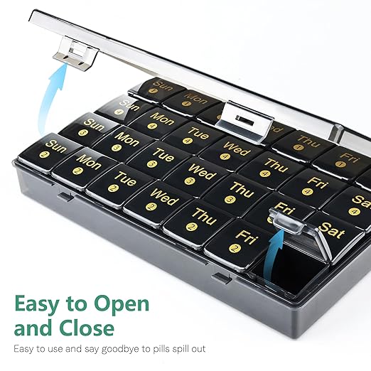 Monthly Pill Organizer 28 Day, 4 Weeks Pill Box 7 Day, XL Weekly Medicine Organizer for Vitamins, Fish Oil, Supplements(Black)