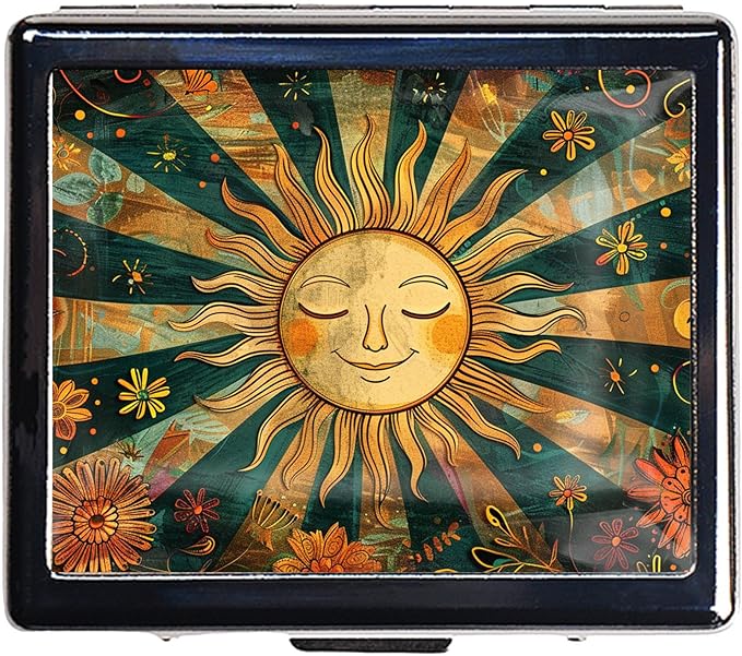 7 Day Travel Pill Organizer with Mirror Shiny Silver Chromed 8 Compartment Pill Box for Vitamins and Medications Compact and Stylish Medicine Case (The Mysterious Sun)