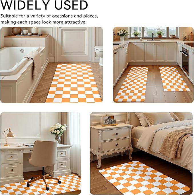 White Orange Checkered Grid Checkerboard Kitchen Rug Sets [2 PCs], Anti-Fatigue, Waterproof Non-Slip Kitchen Mats Heavy Duty Comfort Foam Rug for Kitchen, Floor, Laundry,17"x29"+17"x47"