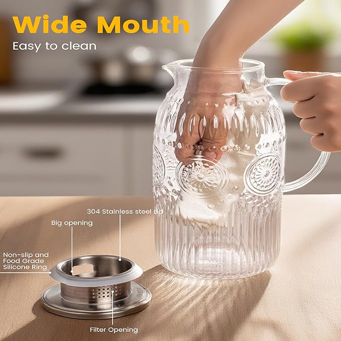 Bandesun Vintage Glass Pitcher with Lid, 128oz/ 1 Gallon Water Pitcher with Handle for Fridge Heat Resistant Borosilicate Water Jug, Carafe for Hot/Cold Coffee, Tea,Beverage 1Pack