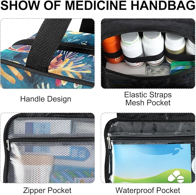 Fustylead Hand Draw Sea Turtle and Fish Coral Pill Organizer Bag Large Medicine Travel Carrying Case with Zipper for Vitamin Supplements Fish Oil, Empty First Aid Kit for Hiking Camping