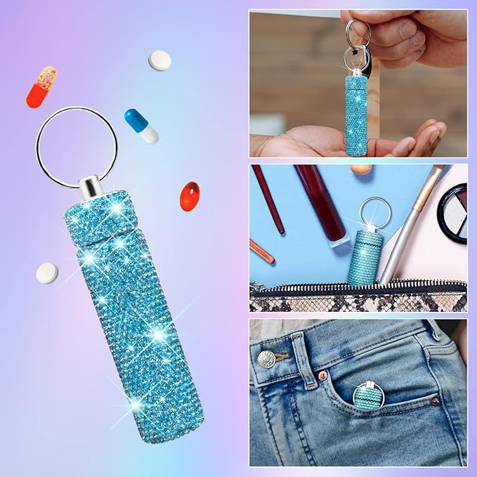 Yuchew Bling Pill Case Pill Container Rhinestone Pill Box Portable Waterproof Pocket Pill Holder Bottle Storage with Keychain for Travel, Outdoor, Camping (Blue)