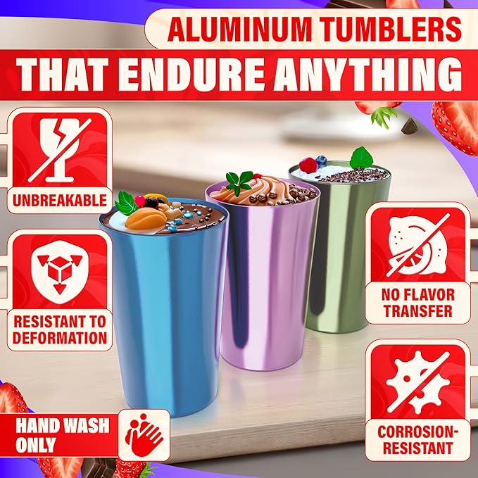 Retro Style Aluminum Cups 15 oz Set of 6 - Metal Tumblers for Cold Drinks, Festive Color-Finished Metal Cups for Drinking, Stackable and Dishwasher-Safe, for Home, Camping, Patio & Holiday Parties