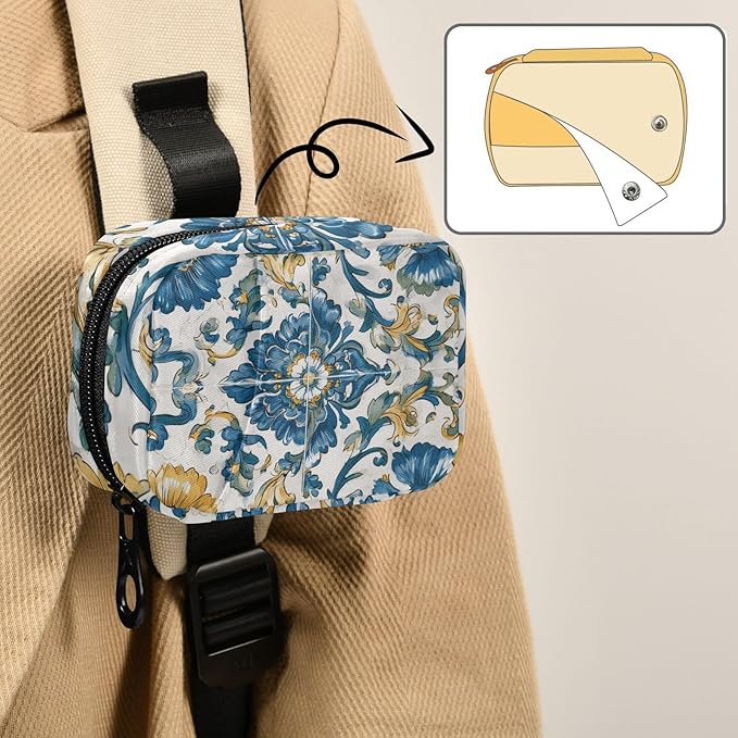 Floral Blue and Yellow Tile Travel Pill Organizer Case Box Container Weekly Portable Vitamin Medicine Holder Storage Bag with Zipper Removable