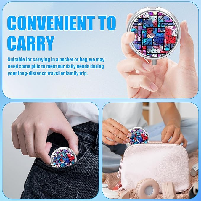 Pill Box, 3 Compartments Small Geometric Pill Case Travel Portable Metal Medicine Box with Mirror Mini Container for Purse Pocket Women Men(Purple Stained Glass)