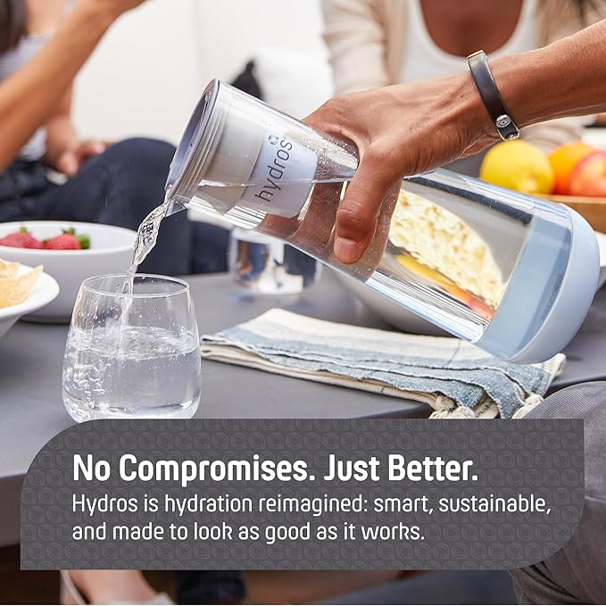 Hydros Water Filter Pitcher, 40 oz Slim Design, Patented Fast Flo Tech, Dishwasher Safe, Fills in Just 40 Seconds, BPA Free, 5 Cup Capacity, Grey