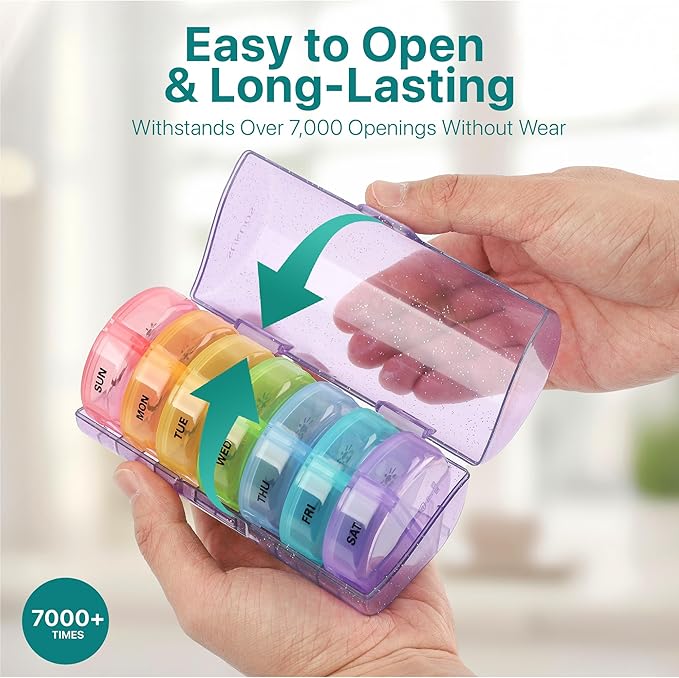 Sukuos Weekly Pill Organizer 7 Day 2 Times a Day, Large Daily Pill Box Easy to Open, Portable AM PM Pill Case for Medicine/Vitamin/Fish Oil/Supplements (Glitter Purple)