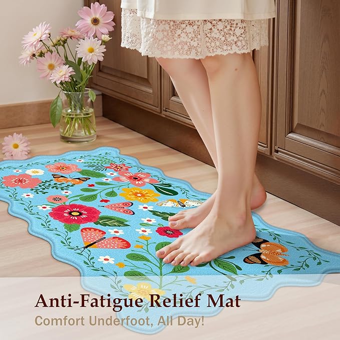 Scalloped Blue Kitchen Mats for Floor 2PC Cushioned Anti Fatigue Kitchen Mats Rugs Waterproof Non Slip Farmhouse Boho Floral Comfort Foam Standing Mat for Sink Laundry