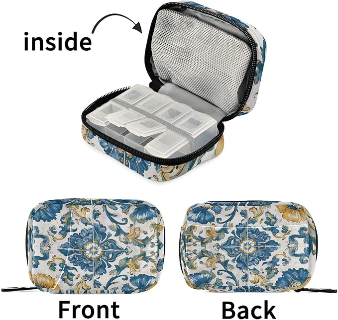 Floral Blue and Yellow Tile Travel Pill Organizer Case Box Container Weekly Portable Vitamin Medicine Holder Storage Bag with Zipper Removable