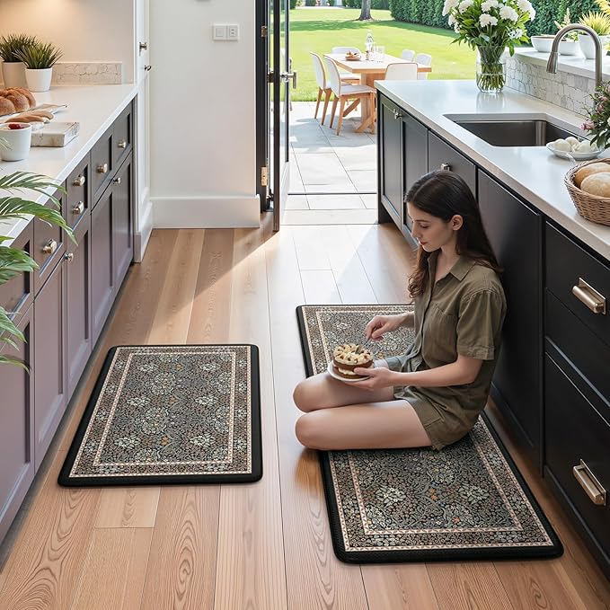 Collive Kitchen Mats Cushioned Anti Fatigue, Waterproof Kitchen Floor Mat Non Slip Desk Rugs Comfort Standing Rug for Sink, Office, Laundry, Home Decor, Black/Mulit